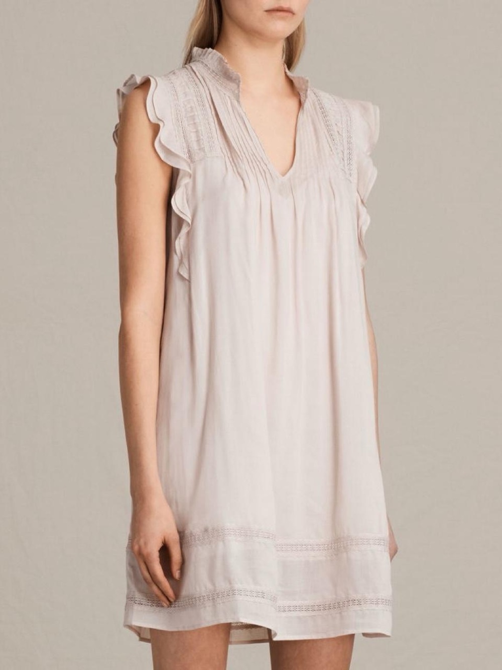 AllSaints Pale Pink V-Neck Pleated dress XS feels like a Medium